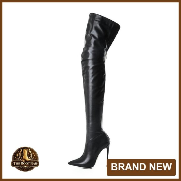 Over the Knee High Heel Boots Faux Leather Stretch Zipper Pointed Toe